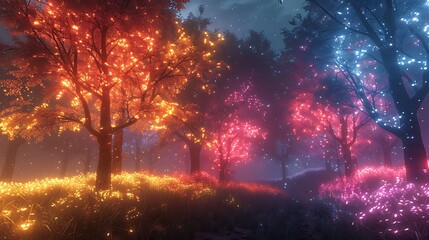 Naklejka premium A modern forest with interactive digital trees and neon-infused underbrush, creating an enchanting woodland scene 