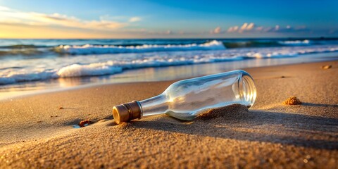 An empty bottle lying on the sand beach  AI-Created Content