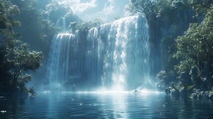 An avant-garde waterfall with shifting holographic water and glowing mist, creating a mesmerizing cascade 