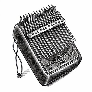 recommend clip art: Black and white Vintage engraved art of a kalimba isolated on white background, ink sketch illustration, simple vector art design, highly detailed line art, high contrasty