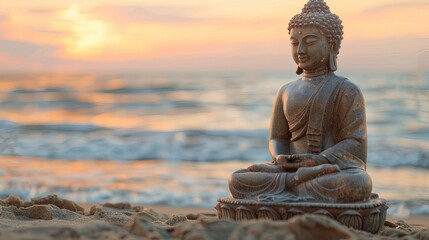 Fototapeta premium A statue of a Buddha is sitting on the beach