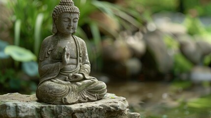 A statue of a Buddha sitting on a rock