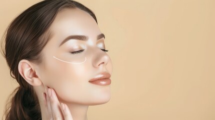 The beautician stroked the beautiful young woman's face with white gloves,  the lady's eyes closed on a beige background.    The concept of plastic surgery and facial skin care