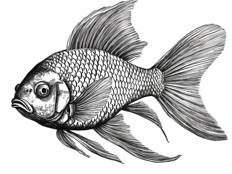 recommend clip art: Black and white Vintage engraved art of a goldfish isolated on white background, ink sketch illustration, simple vector art design, highly detailed line art, high contrasty