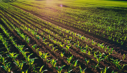 Rural Elegance: Corn Seedlings in Front of Majestic Windmill