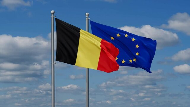 European Union and Belgium flags flying together, video concept of the relationship