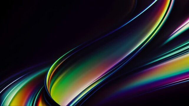 Looped 3D animation of energy dynamic abstract footage with glowing plasma swirling lines, waves, shapes in psychedelic rainbow seamless pattern on neon background with kaleidoscopic motion effect.