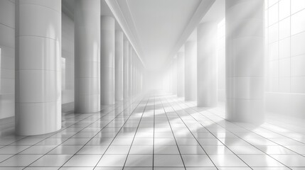 Empty of Perspective straight grid line of table floor material in white color background.