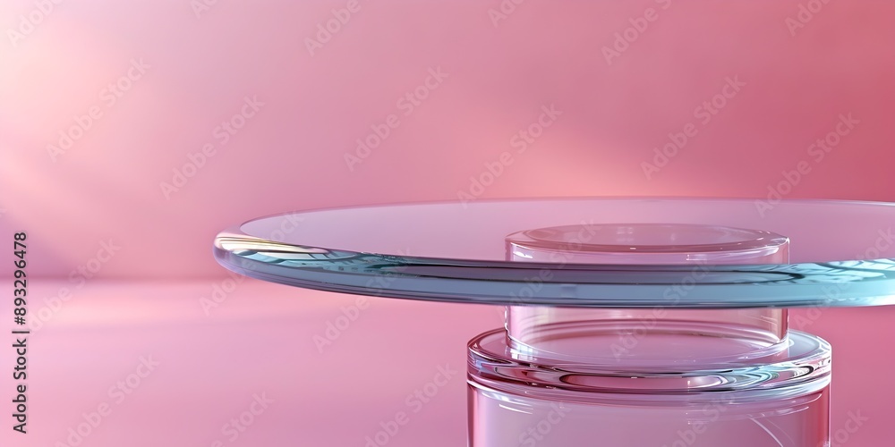 Poster elegant round glass top table on soft pink background with empty copy space