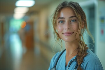 Fototapeta premium Young Female Nurse Smiling in Hospital Hallway