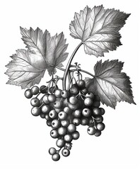 Fototapeta premium Black and white Vintage engraved art of a currant isolated on white background, ink sketch illustration, simple vector art design, highly detailed line art, high contrasty. 