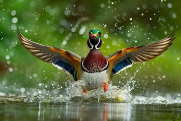 Obraz premium A colorful male Wood Duck flaps his wings causing water to fly off
