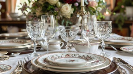 Elegantly set dining table with ornate dinnerware and crystal glasses, perfect for special occasions and celebrations.