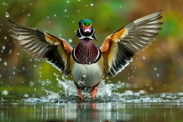 Obraz premium A colorful male Wood Duck flaps his wings causing water to fly off