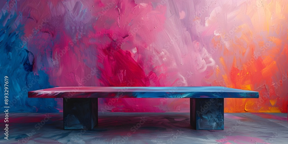 Poster abstract table with colorful mural backdrop for product concept display