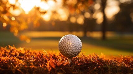 Close-up of a golf ball on a tee with a beautiful sunset in the background, capturing a serene moment on the golf course.