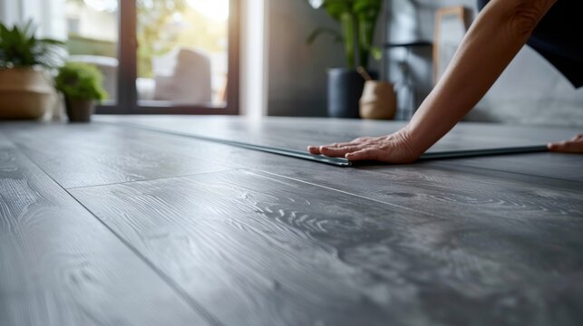 Close-up of a hand installing vinyl flooring in a modern home, showcasing home improvement and renovation in a bright room.