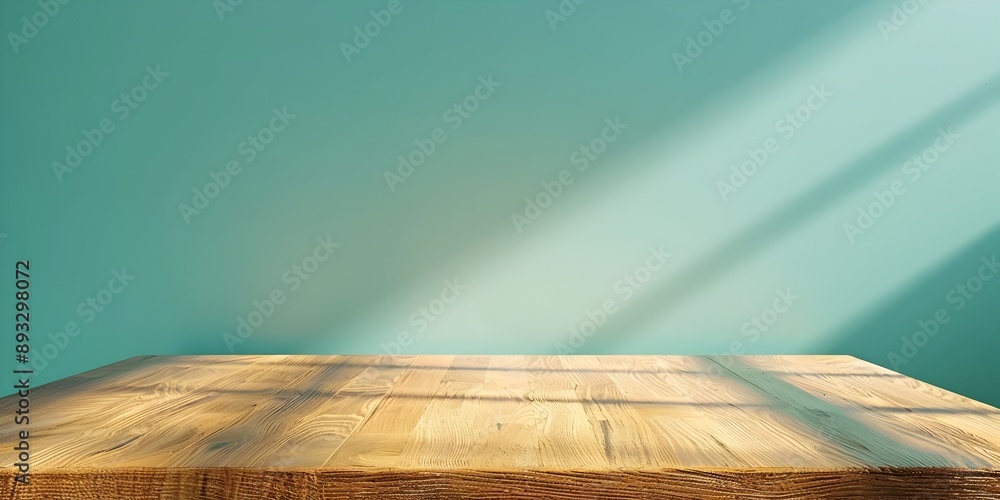 Poster smooth oak table against refreshing mint green background for product display