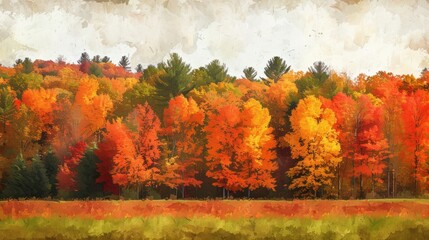 A picturesque autumn forest landscape featuring a variety of vibrant trees with colorful foliage in shades of orange, red, and yellow.