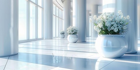 Fototapeta premium Bright Minimalist Corridor with Potted Plants