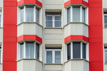 Modern Apartment Building with Red Accents and Bay Windows