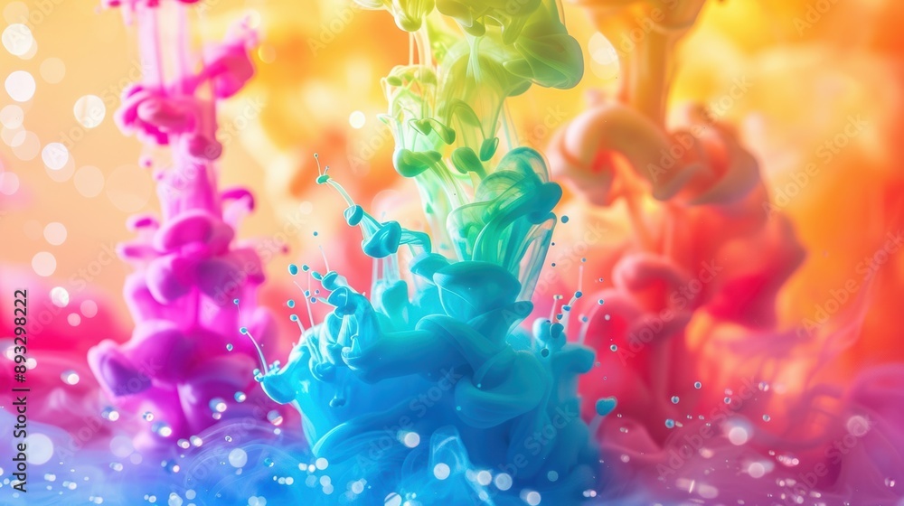 Poster vivid and colorful ink droplets blend in liquid, creating a dynamic and abstract art piece.