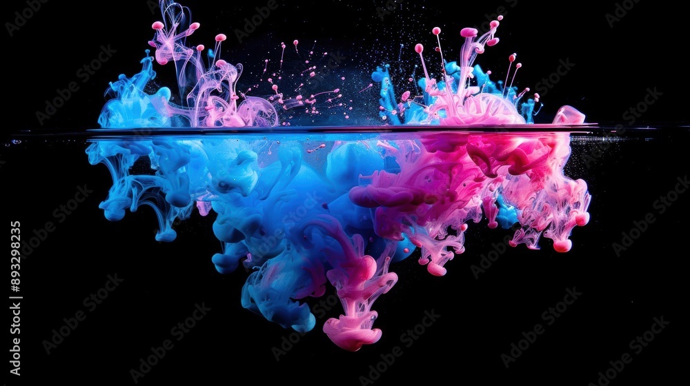 Poster colorful pink and blue ink clouds swirl underwater, creating a mesmerizing and dynamic visual effect