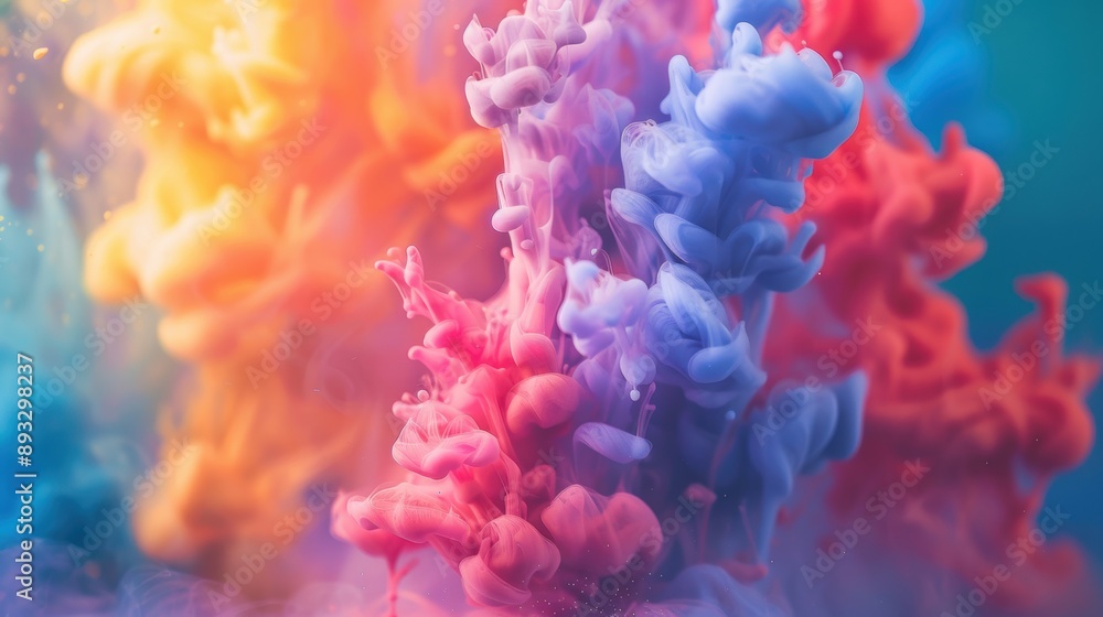 Poster abstract close-up of vibrant colorful ink swirling in water, creating a mesmerizing blend of hues an