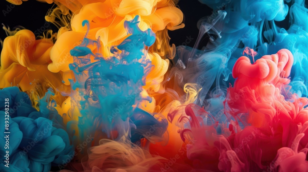 Poster bright and vibrant inks blend in water, creating a mesmerizing and colorful abstract art piece.