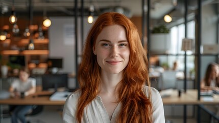 Obraz premium Beautiful young Russian model smiling in a modern office space