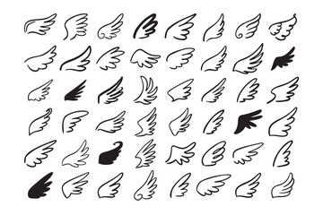 Doodle outline sketch angel wings. Angel feather wing, silhouette. Linear fly winged angels, flying heaven hand drawn doodle vector icons