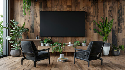 Cozy Modern Living Room with Wooden Walls, Indoor Plants, and Comfortable Seating