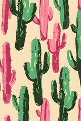 Bold and fun pink and green cactus pattern on a sandy background with a modern style.

