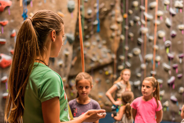 Climbing Instructor Teaching Young Girls at Indoor Rock Wall