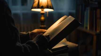 Photo of hand holding a book and reading alone in a dark room. With a lamp providing light.