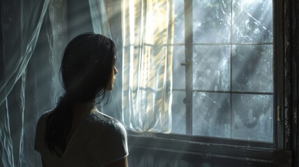 Fototapeta premium A Woman Looking out a Window at the Sunlight Shining on the Snow Outside the Window - Generative AI