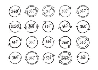 Doodle 360 degree. Hand drawn outline style set