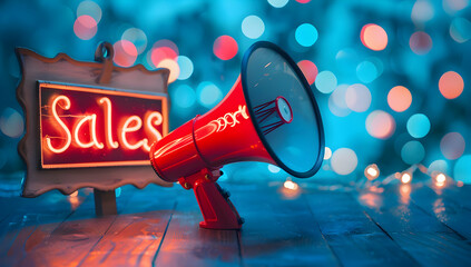 Bright red megaphone and glowing 'Sales' sign on festive bokeh background, ideal for promotions and announcements.