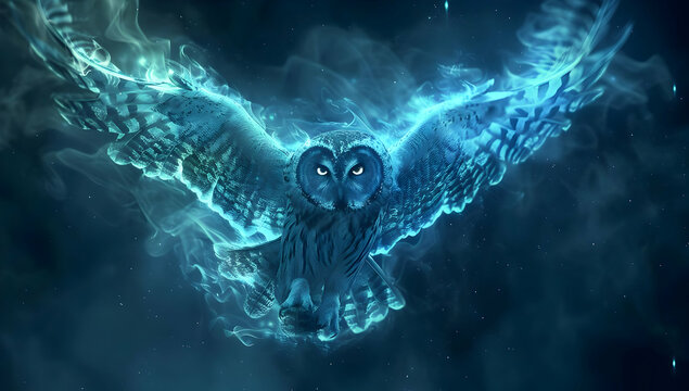Captivating digital artwork of a glowing owl in flight, set against a dark, mystical background with ethereal blue light.