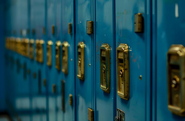 Close-up of blue lockers with golden locks in a school hallway, focusing on the secure locks and the vintage look.