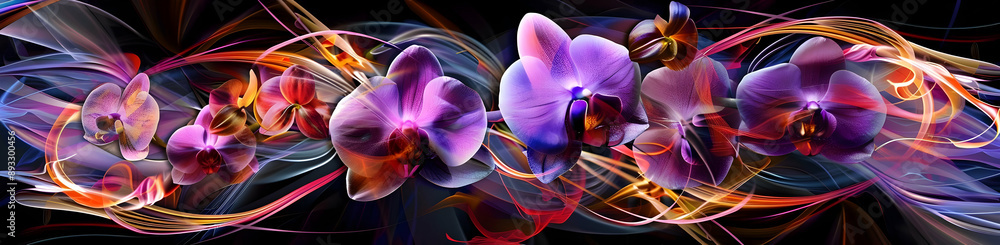 Poster colorful abstract digital art featuring vibrant orchids on a dark background, creating a dynamic and