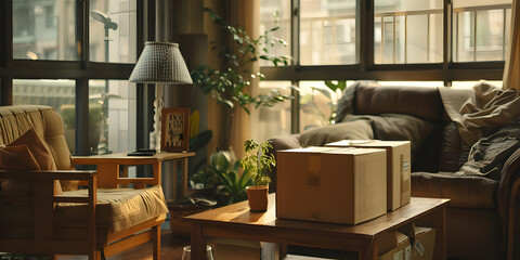 Fototapeta premium Cozy living room with cardboard boxes, armchair, and plants by a large window, creating a relaxing and inviting atmosphere.