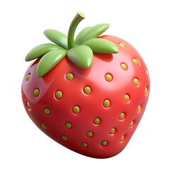 An image of a ripe red strawberry with green leaves set on a white backdrop