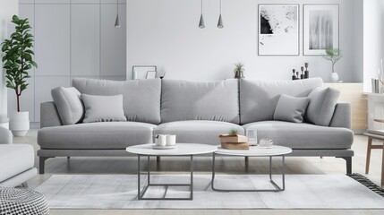 Living room featuring a grey sofa, a minimalist coffee table, and a white rug