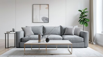 Living room featuring a grey sofa, a minimalist coffee table, and a white rug