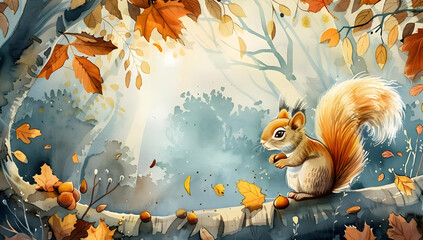 Cute squirrel sitting on a tree branch surrounded by autumn leaves in a beautiful, serene forest scene during fall.