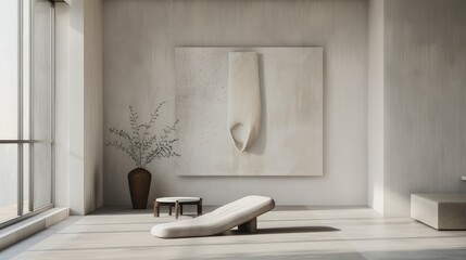 Living space with clean lines, a single piece of modern art, and simple furniture
