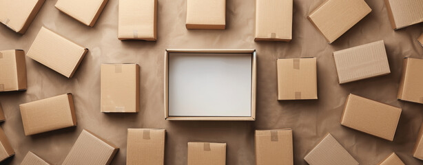 White Box In The Center Surrounded By Many Cardboard Boxes