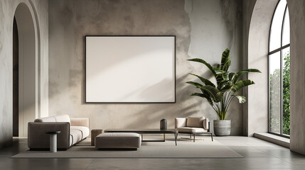 Photo of a modern interior design with a large poster mockup on the wall, minimalistic furniture and decor in beige tones, a large window with arched arches
