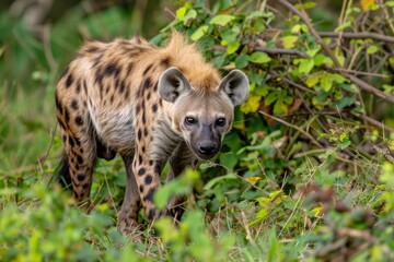 Fototapeta premium A Hyena searches the bush for food scraps
